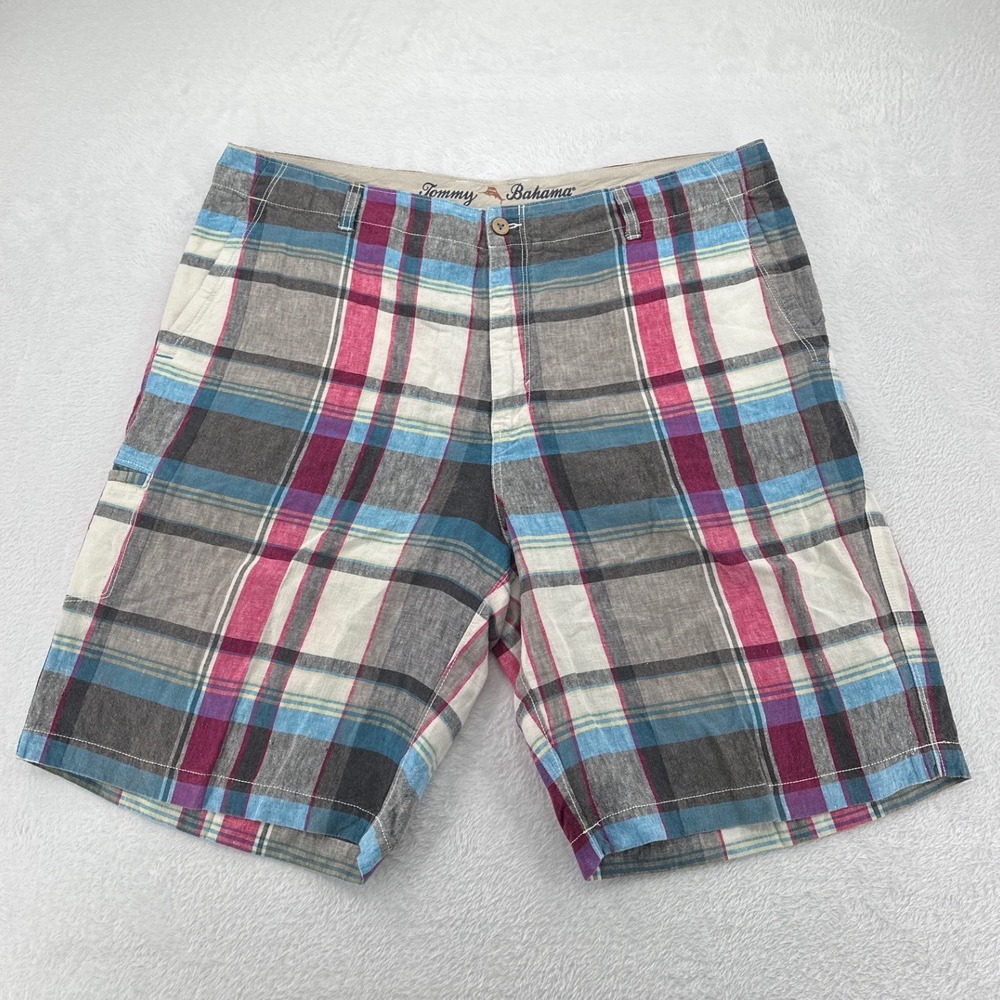 Tommy Bahama Mens 100% Linen Plaid Shorts Blue Pink Grey Tropical Summer Size 40